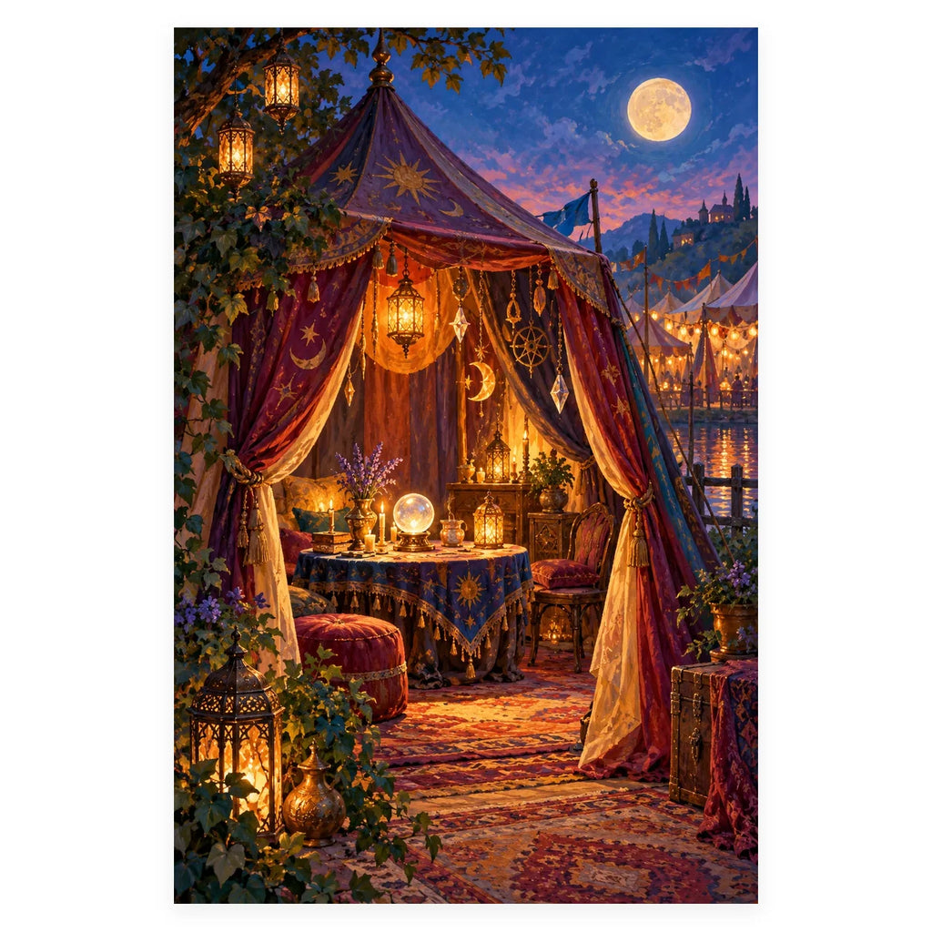 A richly decorated purple fortune teller tent glows with hanging lanterns beneath a full moon at dusk. Complete original artwork centered on a white square with original proportions preserved.