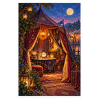 A richly decorated purple fortune teller tent glows with hanging lanterns beneath a full moon at dusk. Complete original artwork centered on a white square with original proportions preserved.