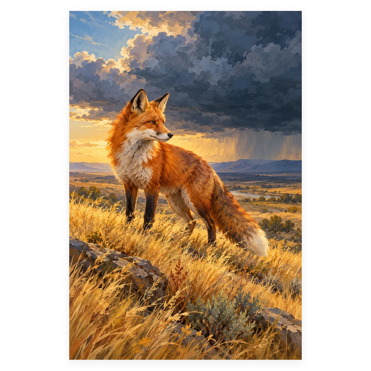 Fox on a Prairie beneath Thunderclouds completed artwork on a clean white background