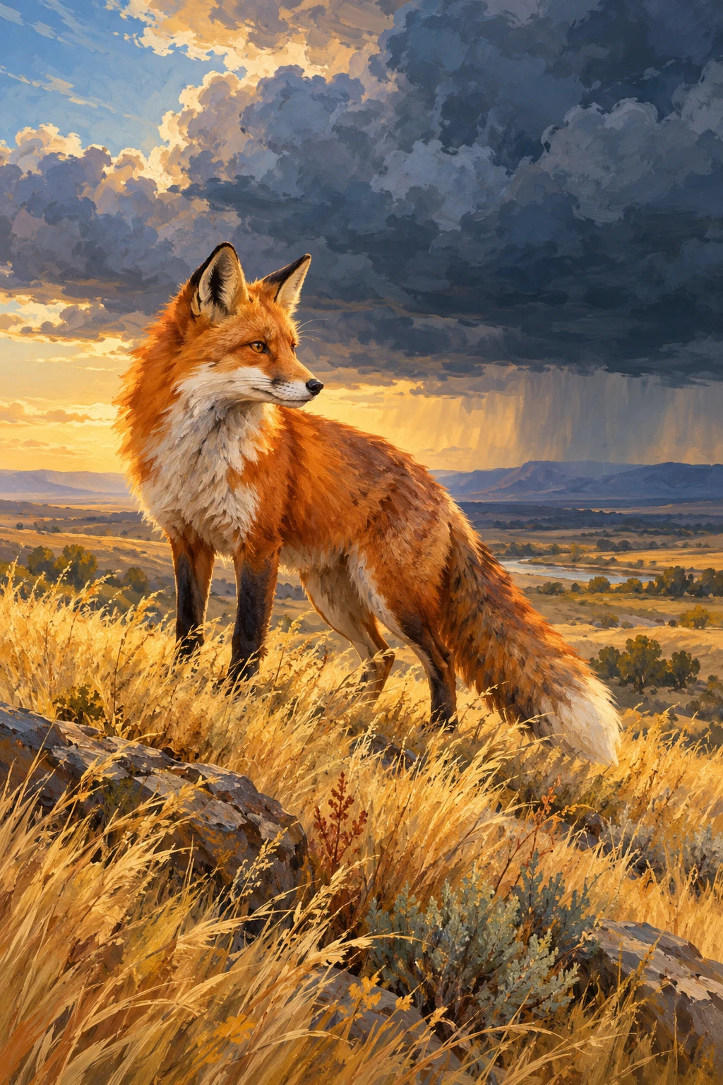 Original Fox on a Prairie beneath Thunderclouds artwork for the paint by numbers kit