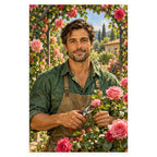 A male gardener holds pruning shears among blooming pink roses beneath a garden arch. Complete original artwork centered on a white square with original proportions preserved.