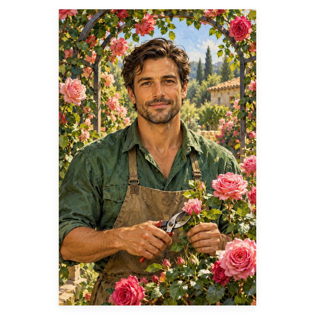 A male gardener holds pruning shears among blooming pink roses beneath a garden arch. Complete original artwork centered on a white square with original proportions preserved.