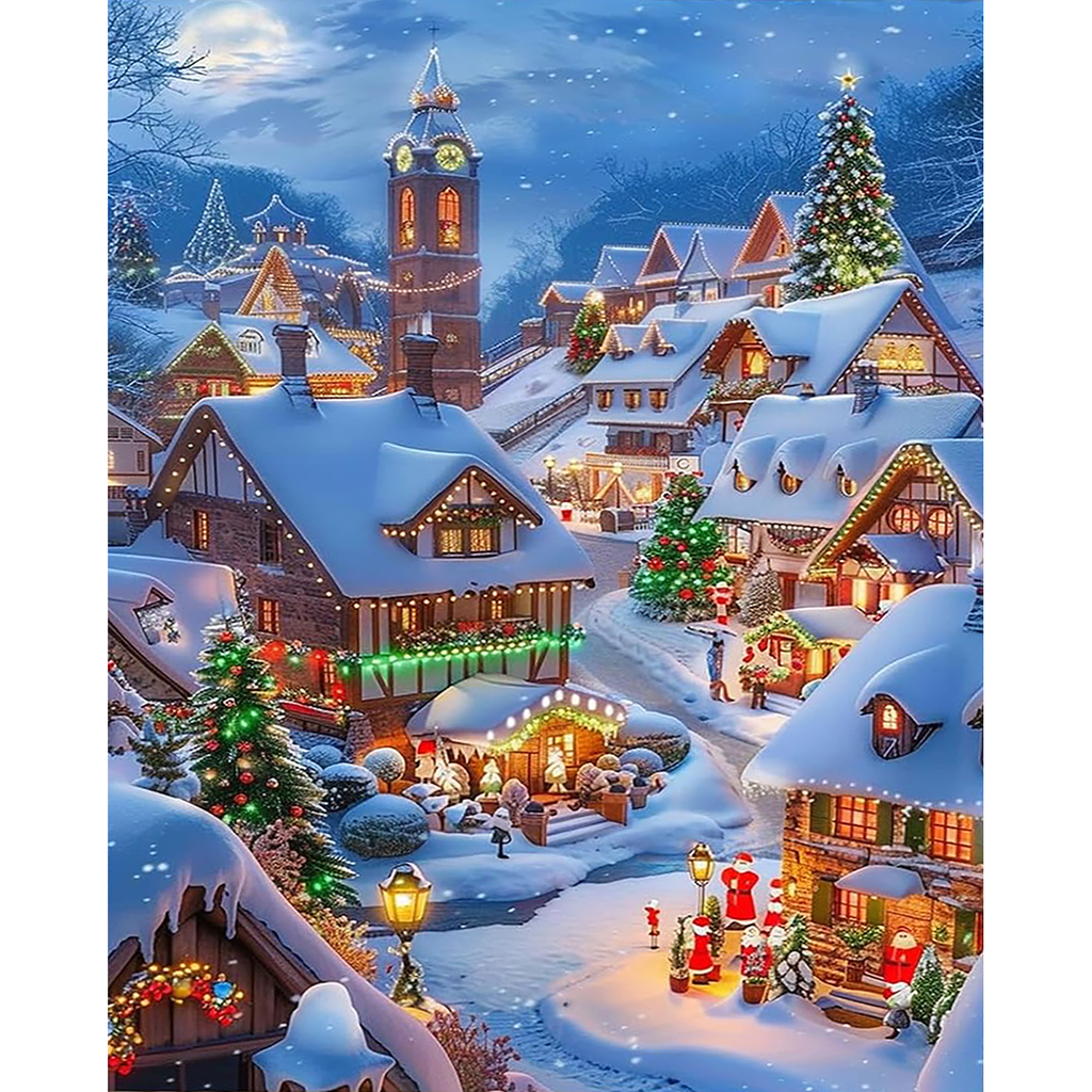 Glow Over the Snowy Village paint by numbers original artwork
