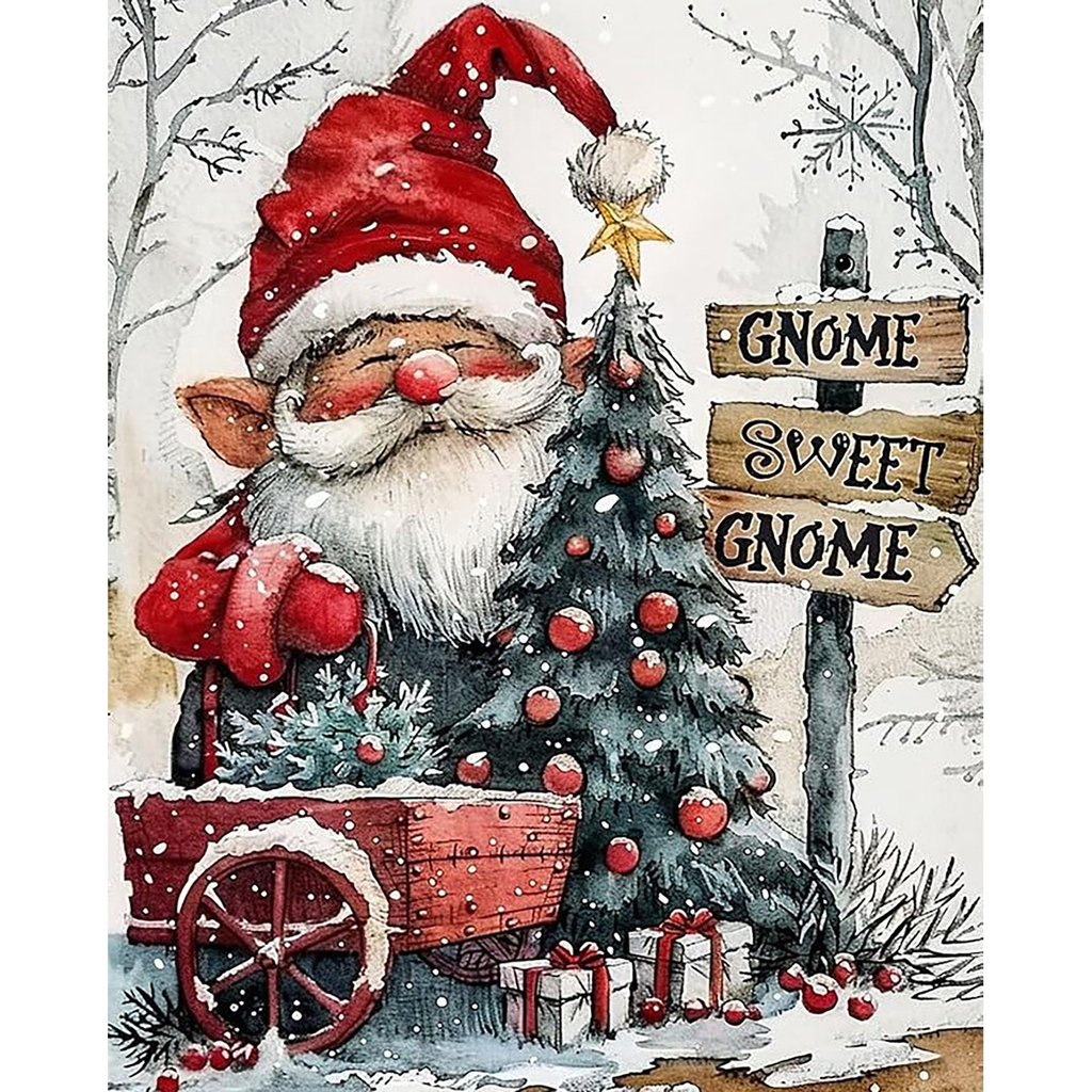 Gnome Christmas Welcome paint by numbers completed artwork on a clean white background