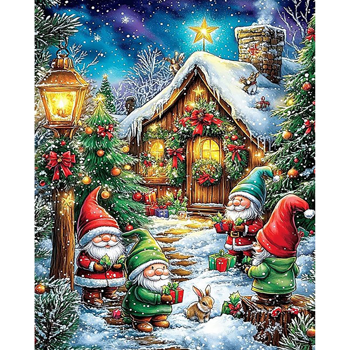 Gnomes at the Snowy Cabin paint by numbers completed artwork on a clean white background