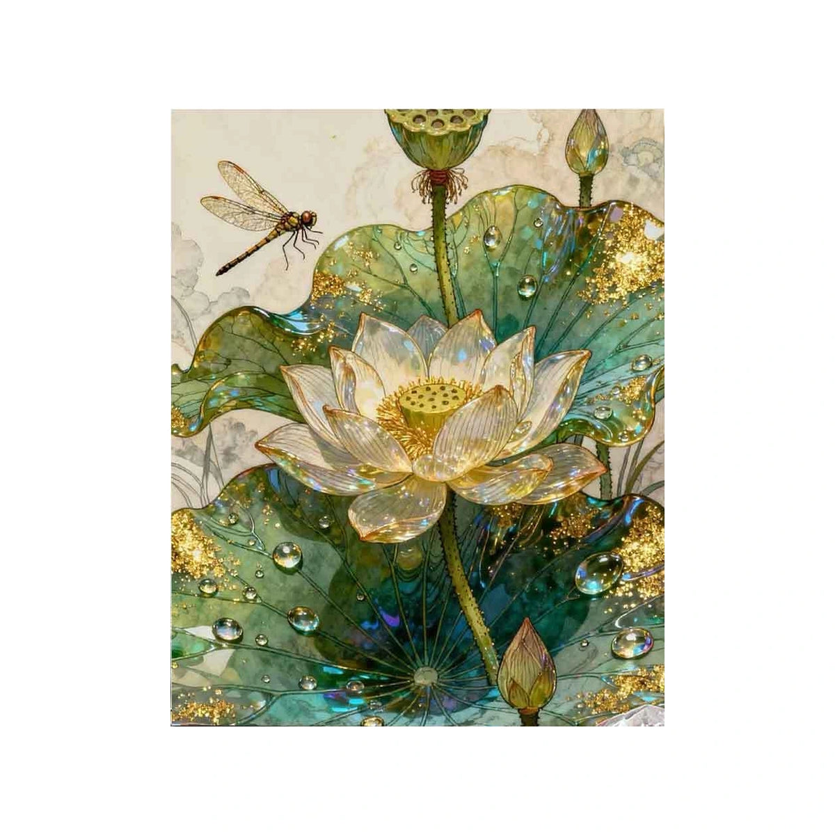 Gold Green Lotus and Dragonfly completed original artwork on a clean white background