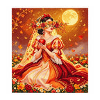 White-background diamondized artwork of a flower-crowned bride beneath a golden moon holding an apple