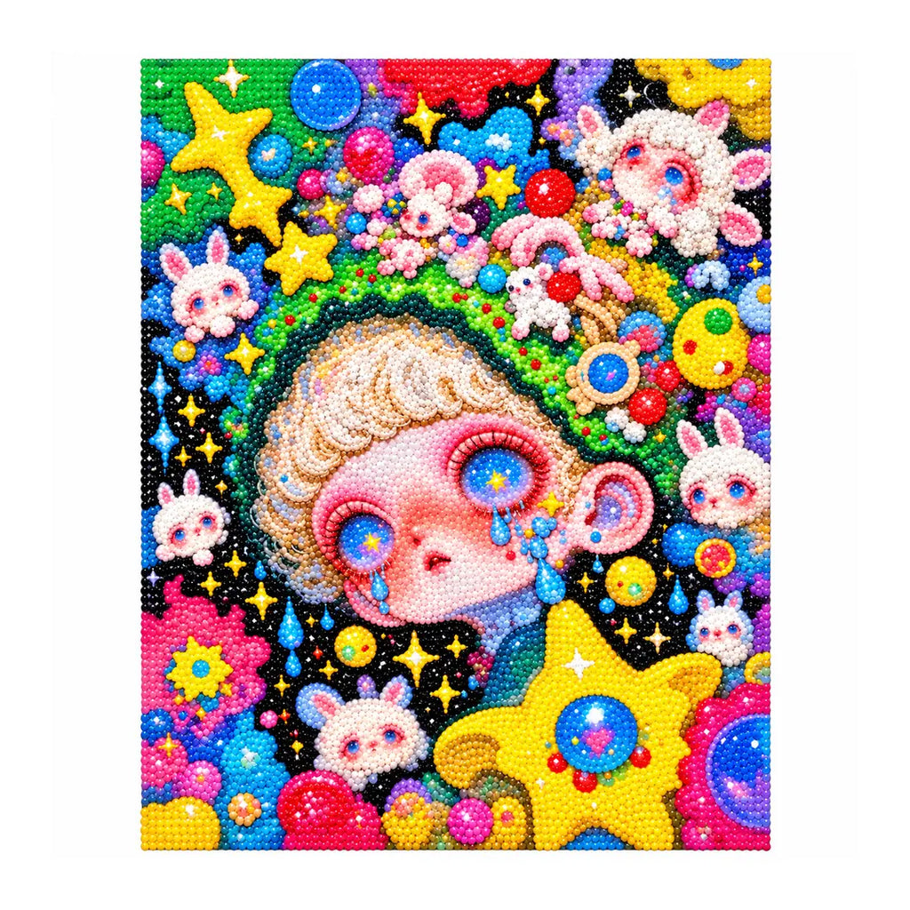 White-background finished diamond painting effect of the green bunny cosmos girl artwork
