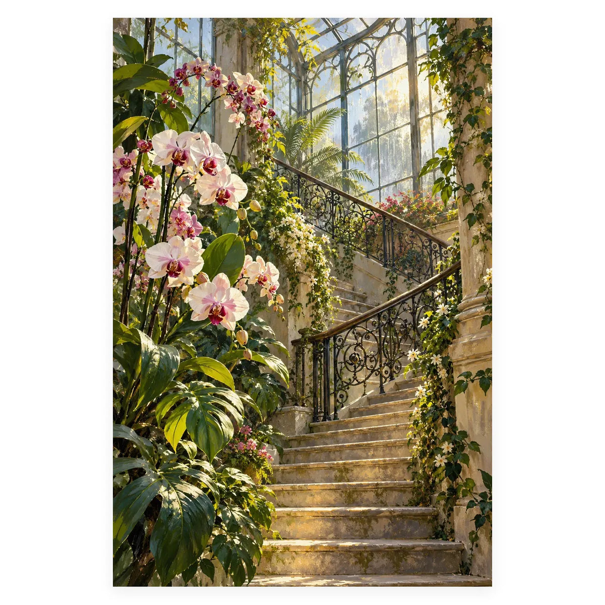 Greenhouse Staircase Orchids completed artwork on a clean white background