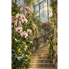 Completed Greenhouse Staircase Orchids artwork with white and pink orchids, tropical leaves, and a glasshouse staircase on a clean white background