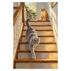 Grey Cat and Orange Cat on a Staircase completed artwork on a clean white background