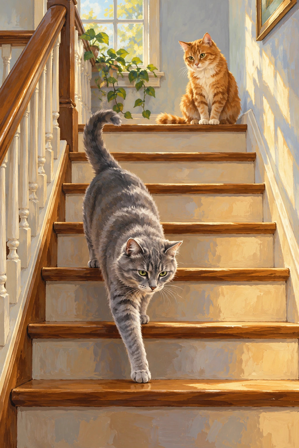 Original Grey Cat and Orange Cat on a Staircase artwork for the paint by numbers kit