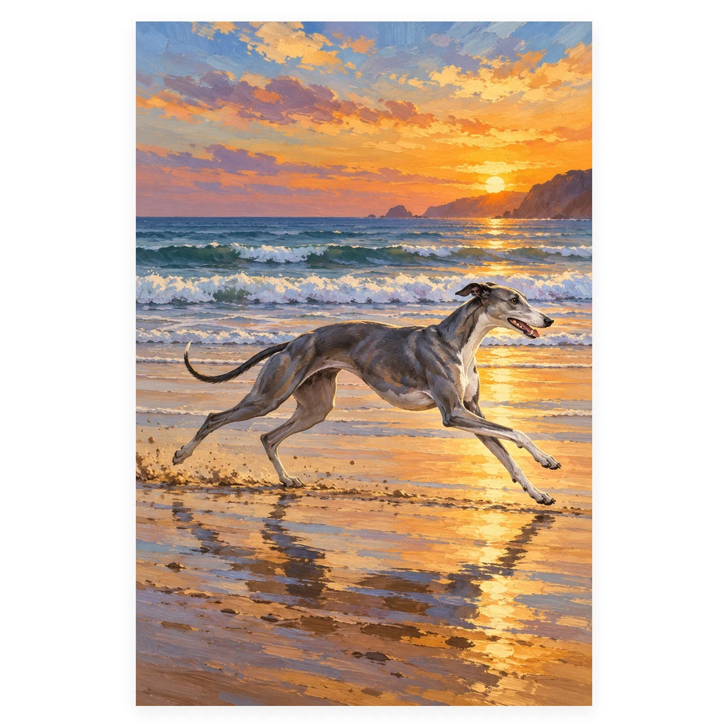 Greyhound Running on a Beach at Sunset completed artwork on a clean white background
