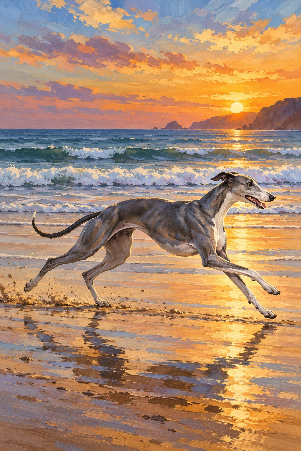 Original Greyhound Running on a Beach at Sunset artwork for the paint by numbers kit