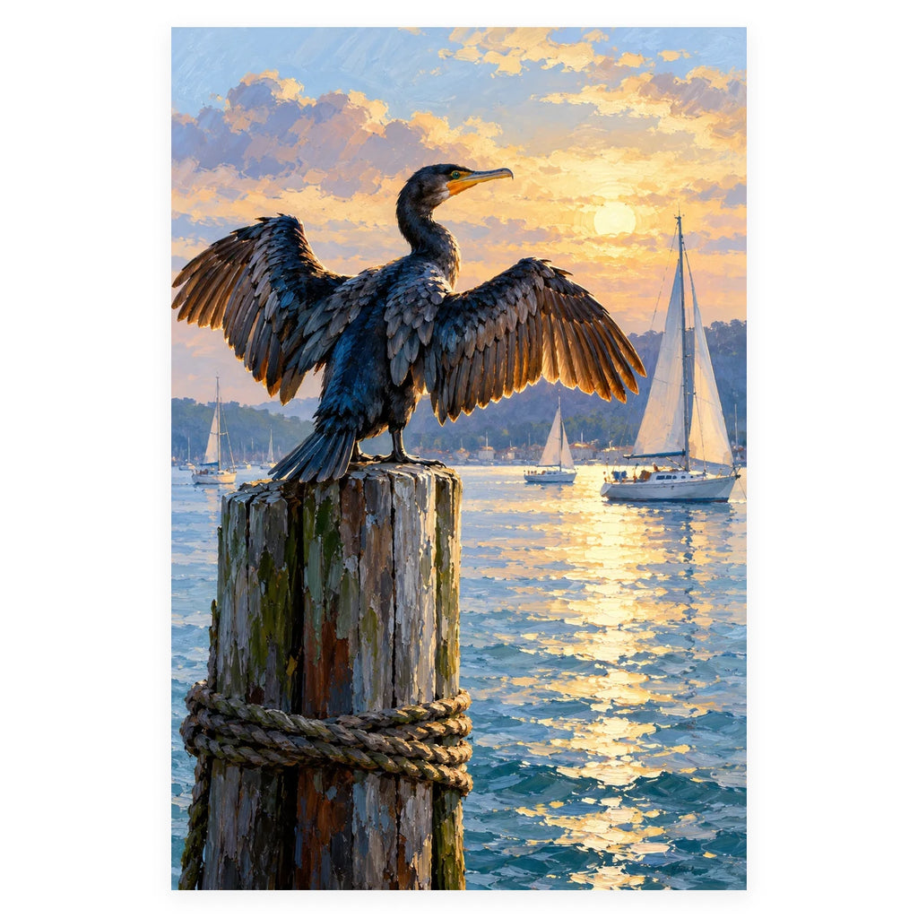 Harbor Pilings Cormorant completed artwork on a clean white background