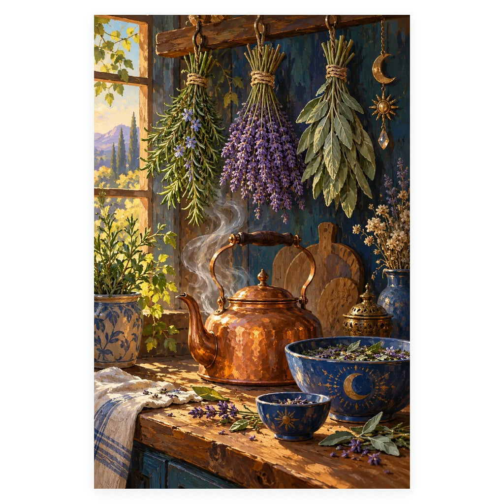 Rosemary, lavender, and sage bundles hang above a steaming copper kettle in a sunlit cottage kitchen. Complete original artwork centered on a white square with original proportions preserved.