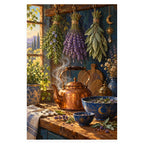 Rosemary, lavender, and sage bundles hang above a steaming copper kettle in a sunlit cottage kitchen. Complete original artwork centered on a white square with original proportions preserved.