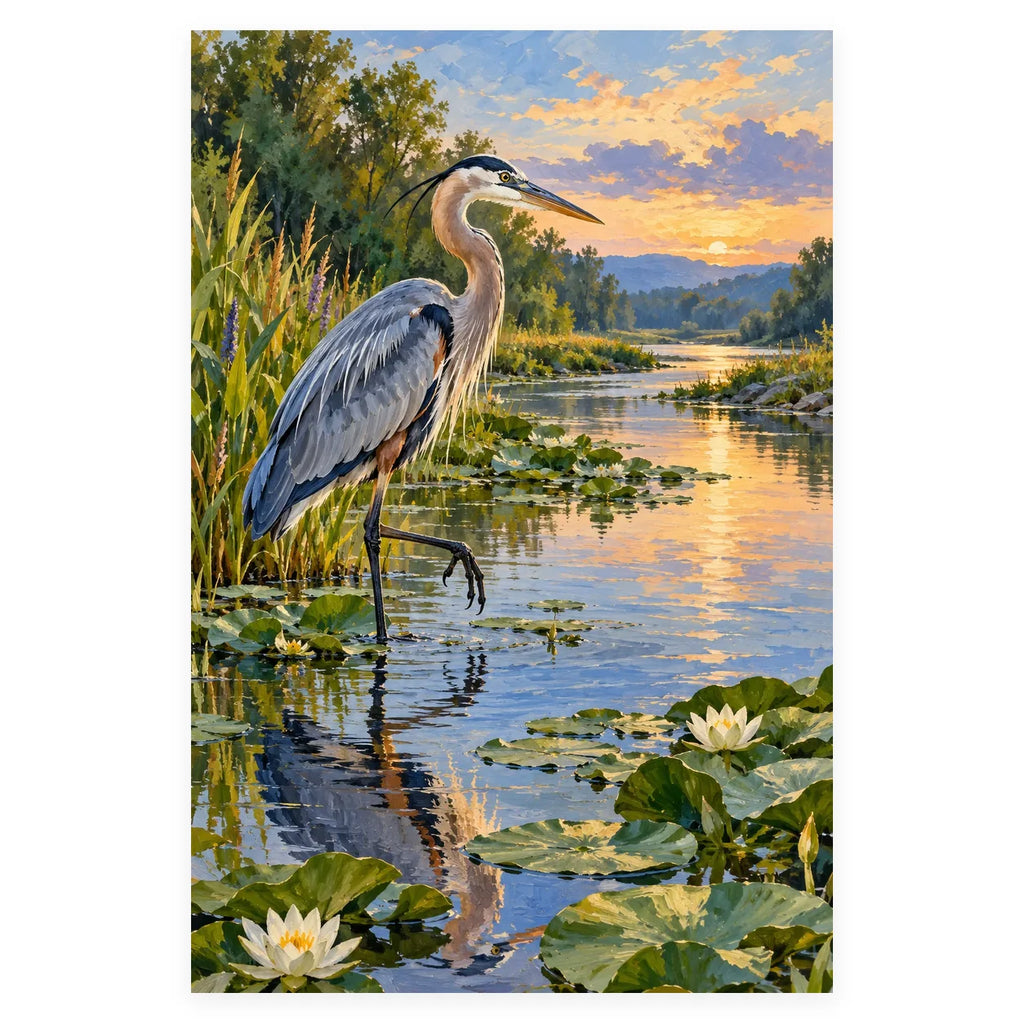 Heron Fishing Riverbank completed artwork on a clean white background