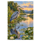Heron Fishing Riverbank completed artwork on a clean white background