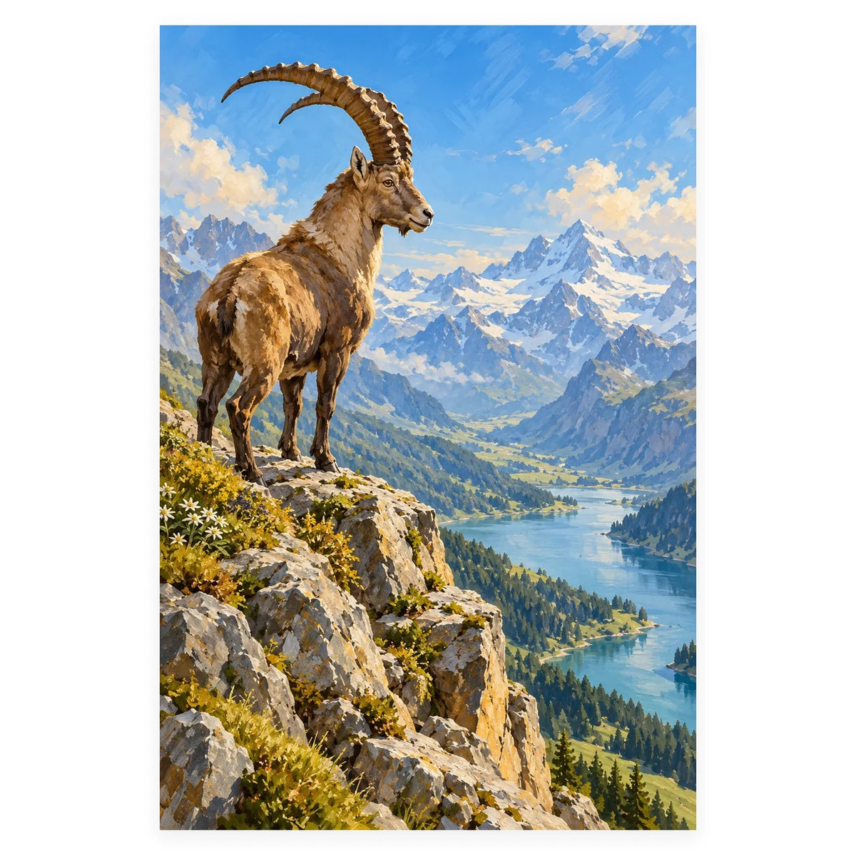 Ibex on an Alpine Cliff completed artwork on a clean white background