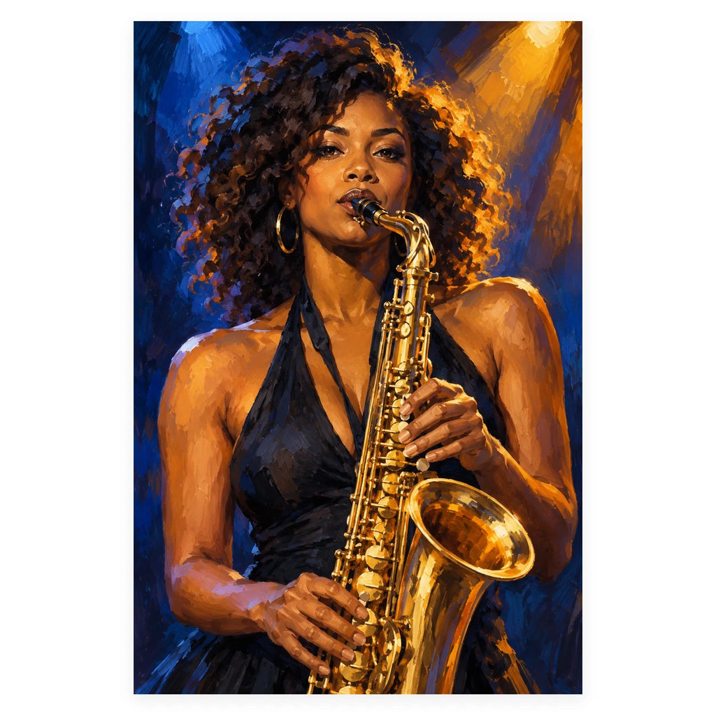 A Black woman in a sleeveless black dress plays a golden saxophone under dramatic blue and amber stage lights. Complete original artwork centered on a white square with original proportions preserved.