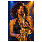 A Black woman in a sleeveless black dress plays a golden saxophone under dramatic blue and amber stage lights. Complete original artwork centered on a white square with original proportions preserved.