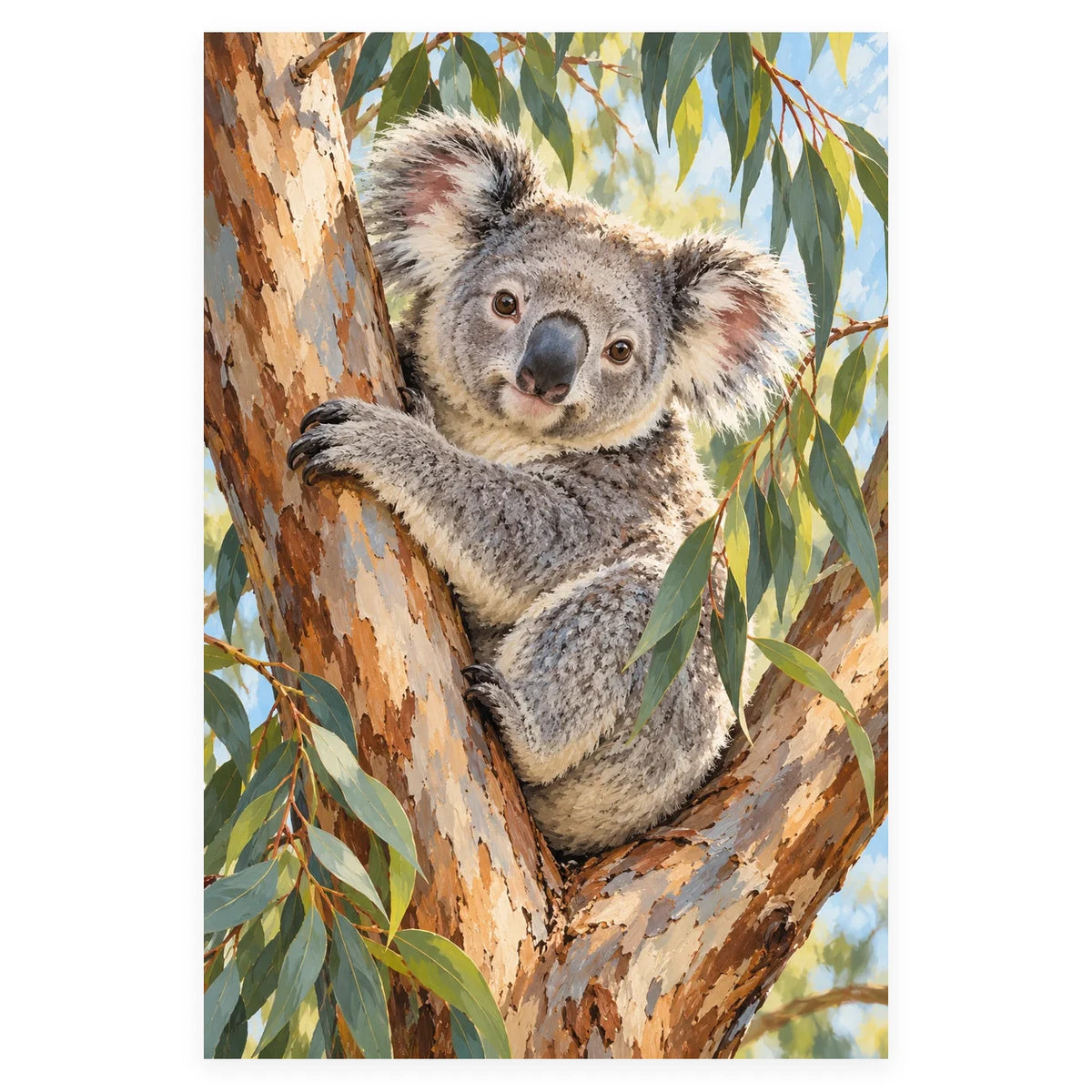 Koala in a Eucalyptus Tree completed artwork on a clean white background