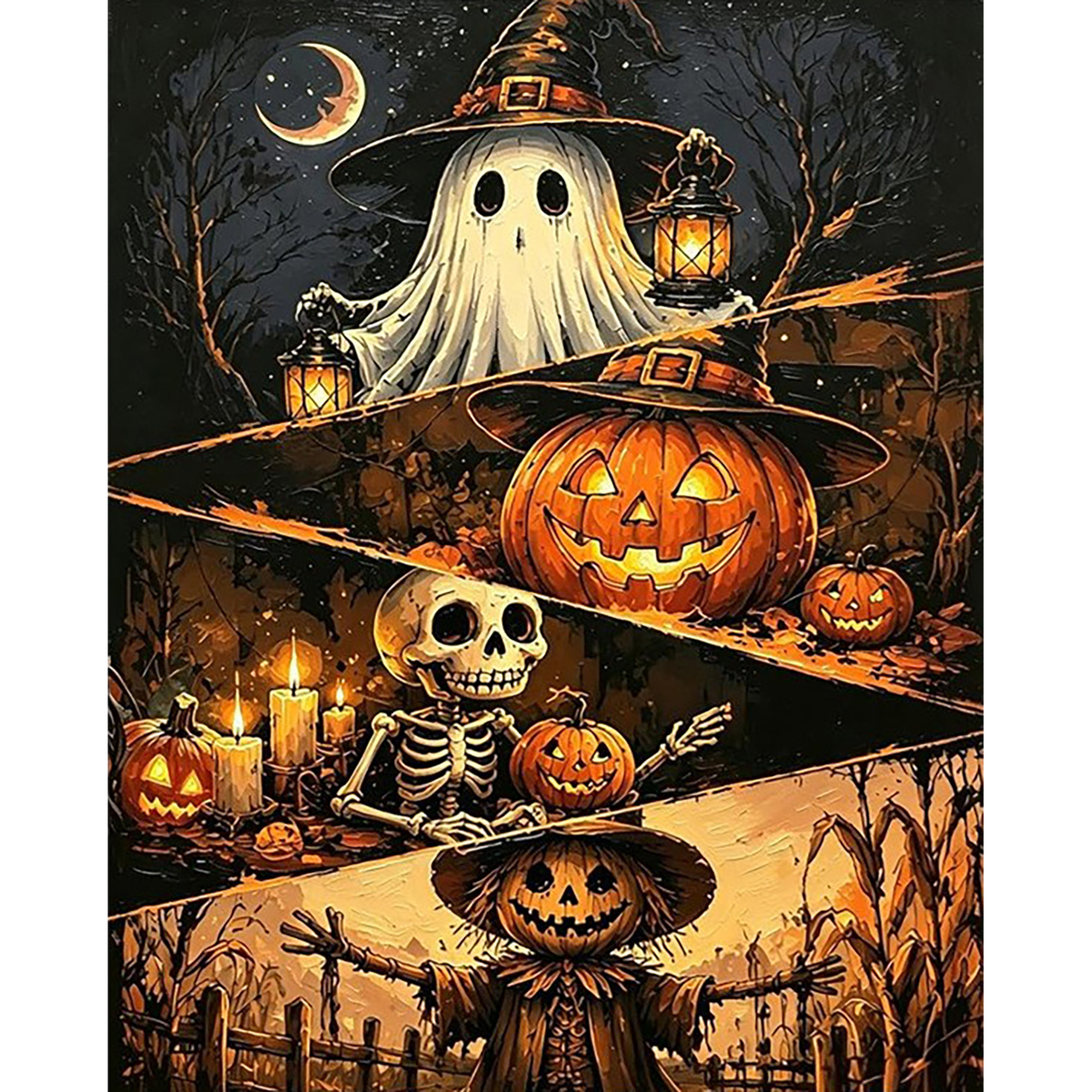 Lantern Spirits and Pumpkin Watcher paint by numbers original artwork