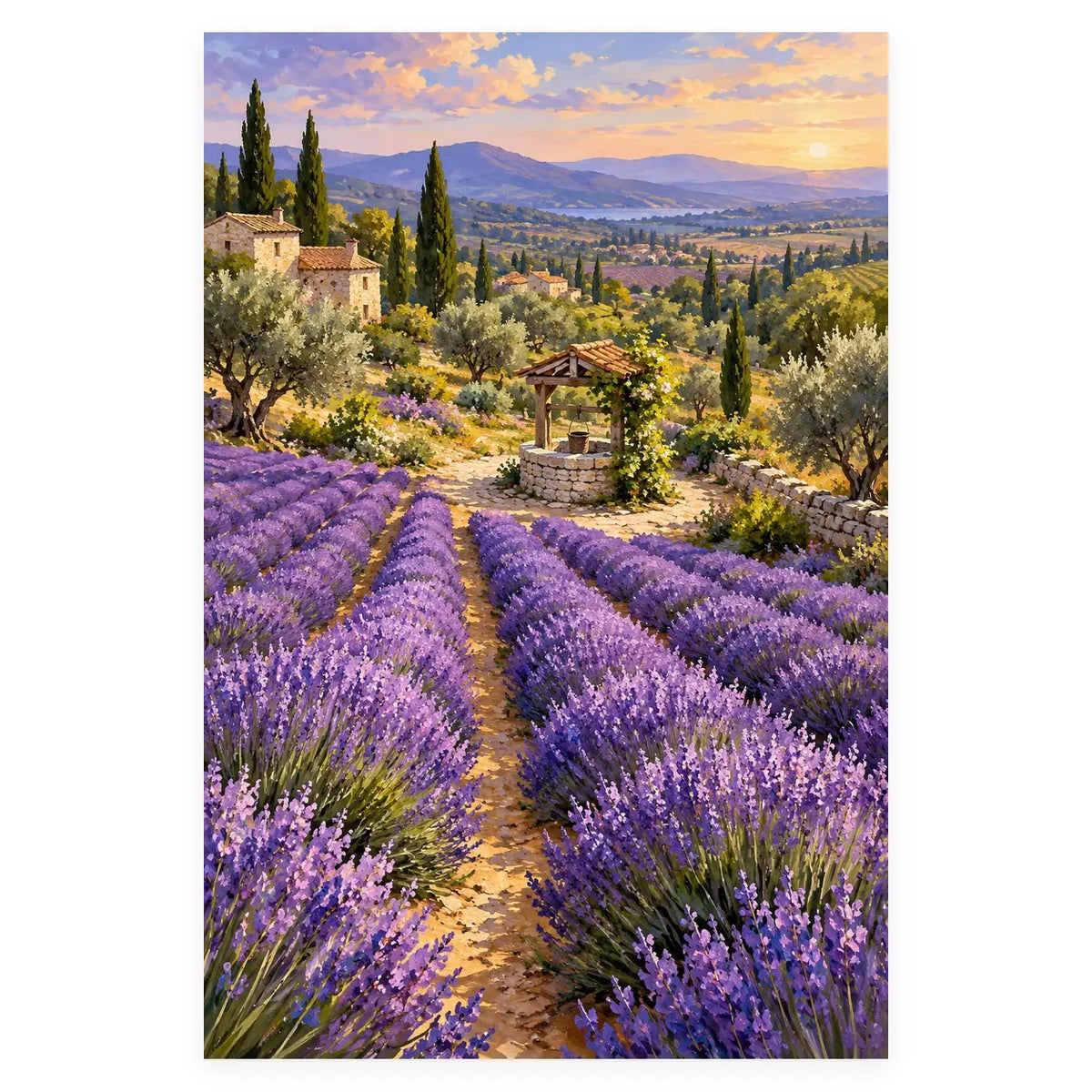 Lavender Rows Stone Well completed artwork on a clean white background