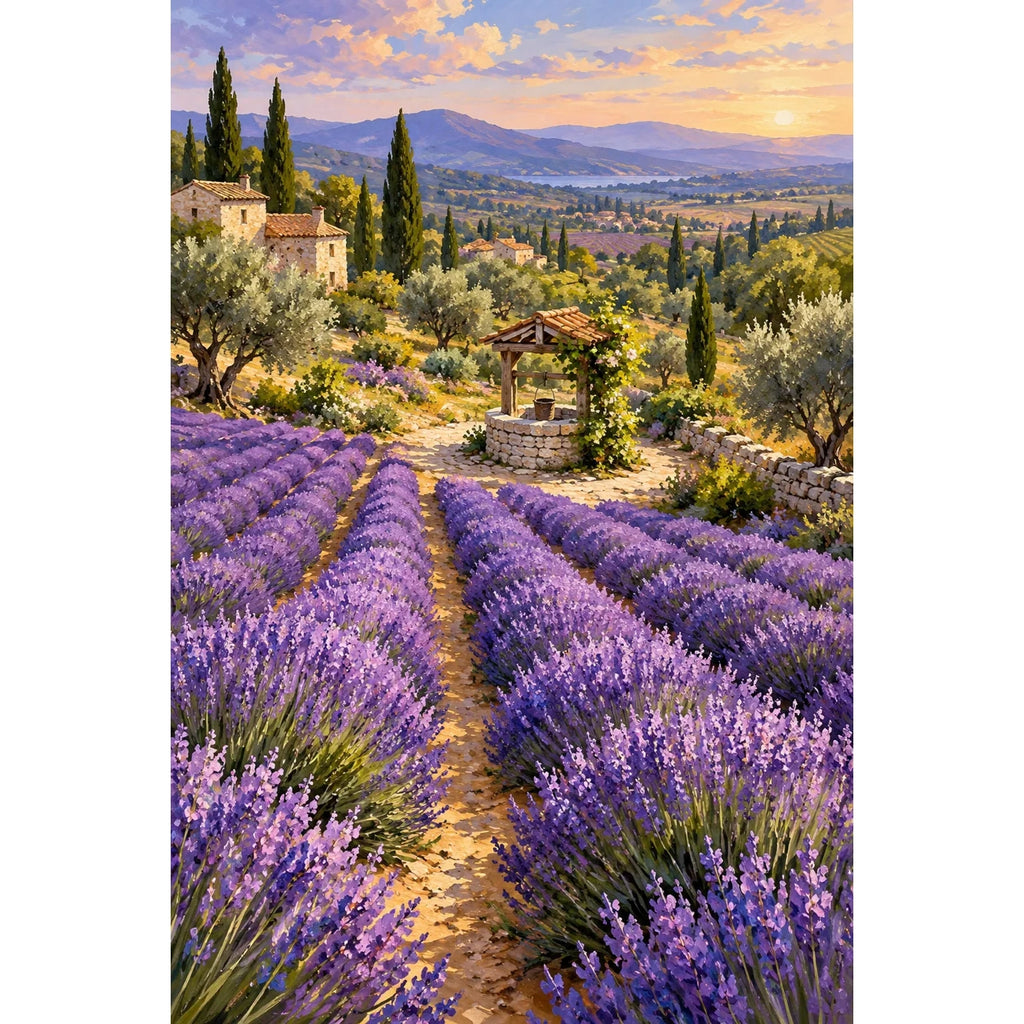 Completed Lavender Rows Stone Well artwork with purple lavender, a stone well, olive trees, and distant hills on a clean white background