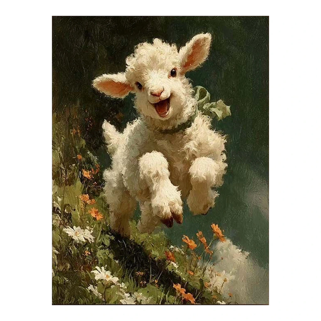 Leaping Lamb in Flower Meadow completed original artwork on a clean white background