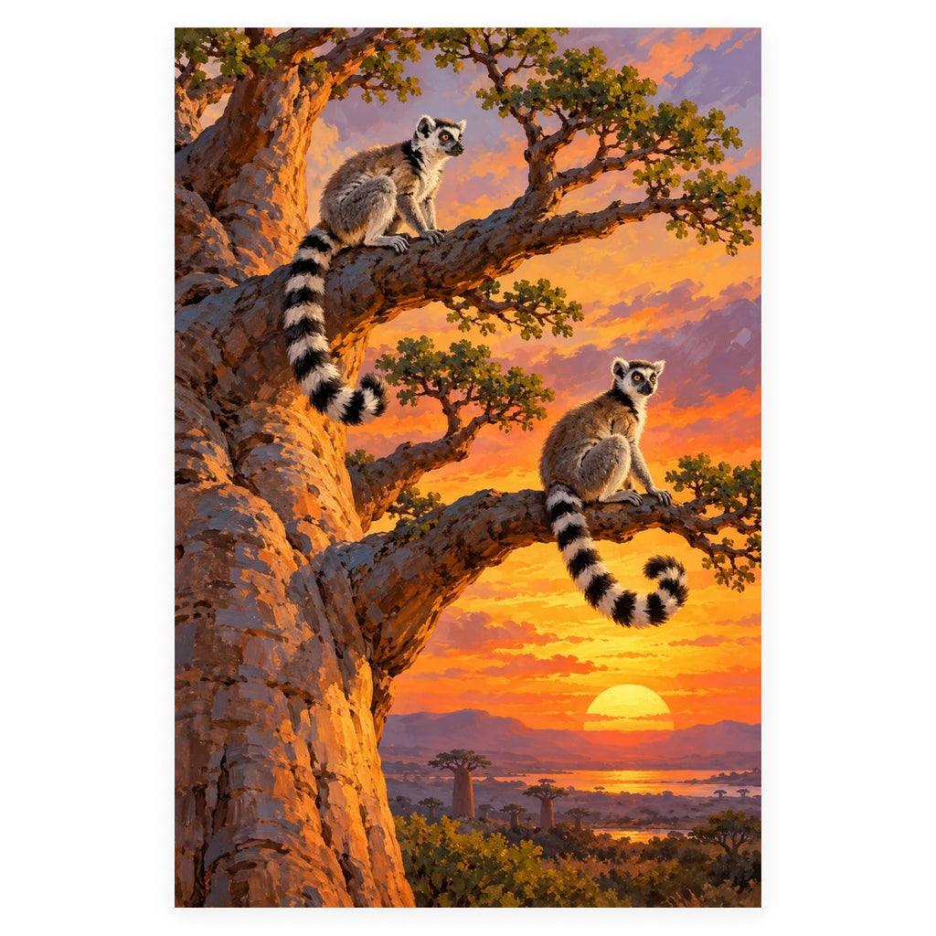 Lemurs Baobab Sunset completed artwork on a clean white background