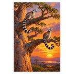 Lemurs Baobab Sunset completed artwork on a clean white background