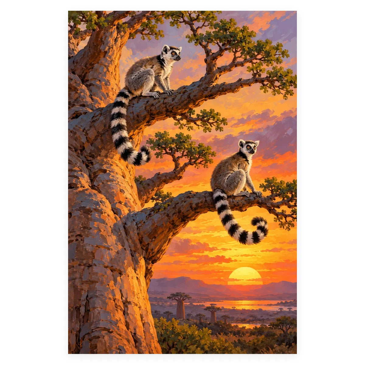 Lemurs Baobab Sunset completed artwork on a clean white background