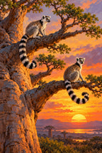 Lemurs Baobab Sunset completed artwork on a clean white background