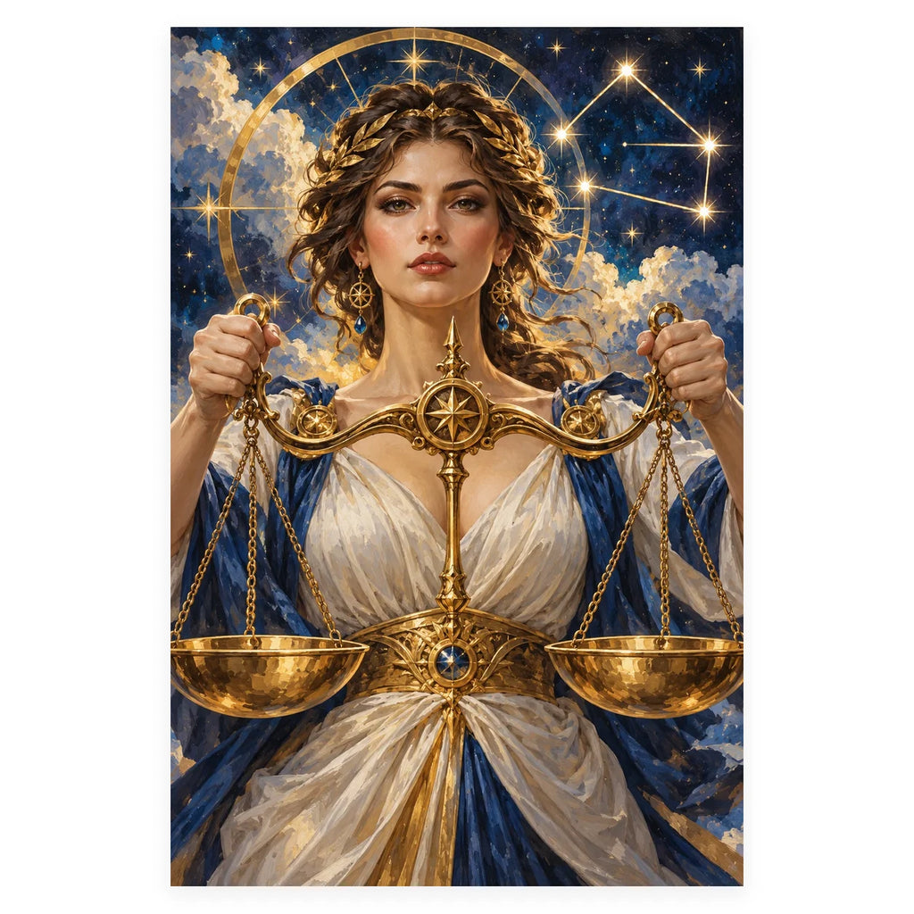 Complete original Libra Woman with Celestial Scales artwork centered on a white 1:1 background with the original proportions preserved.