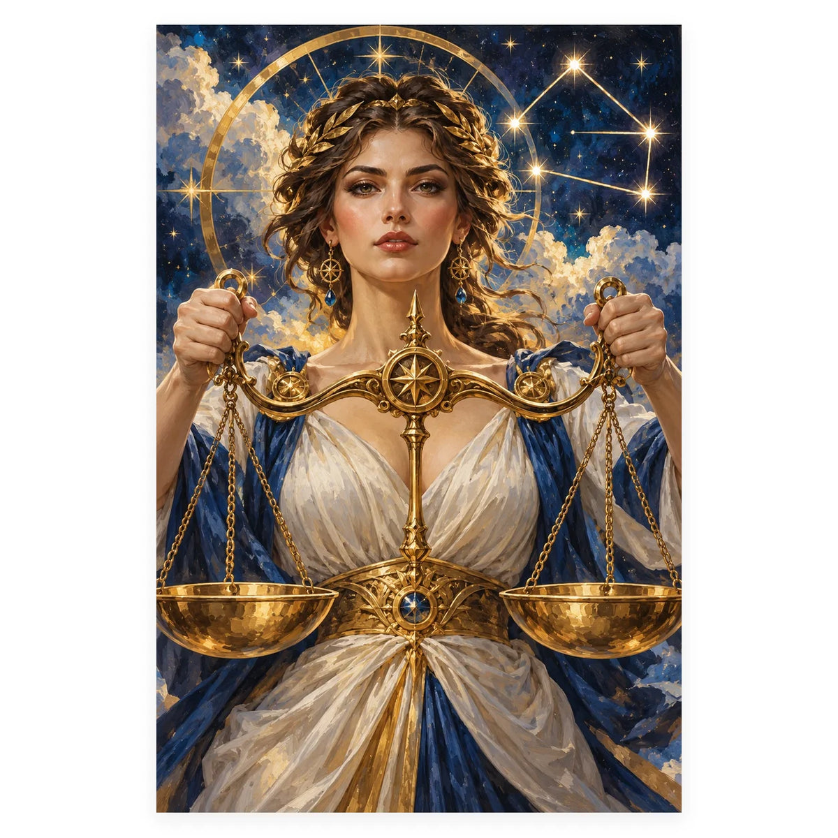 Complete original Libra Woman with Celestial Scales artwork centered on a white 1:1 background with the original proportions preserved.