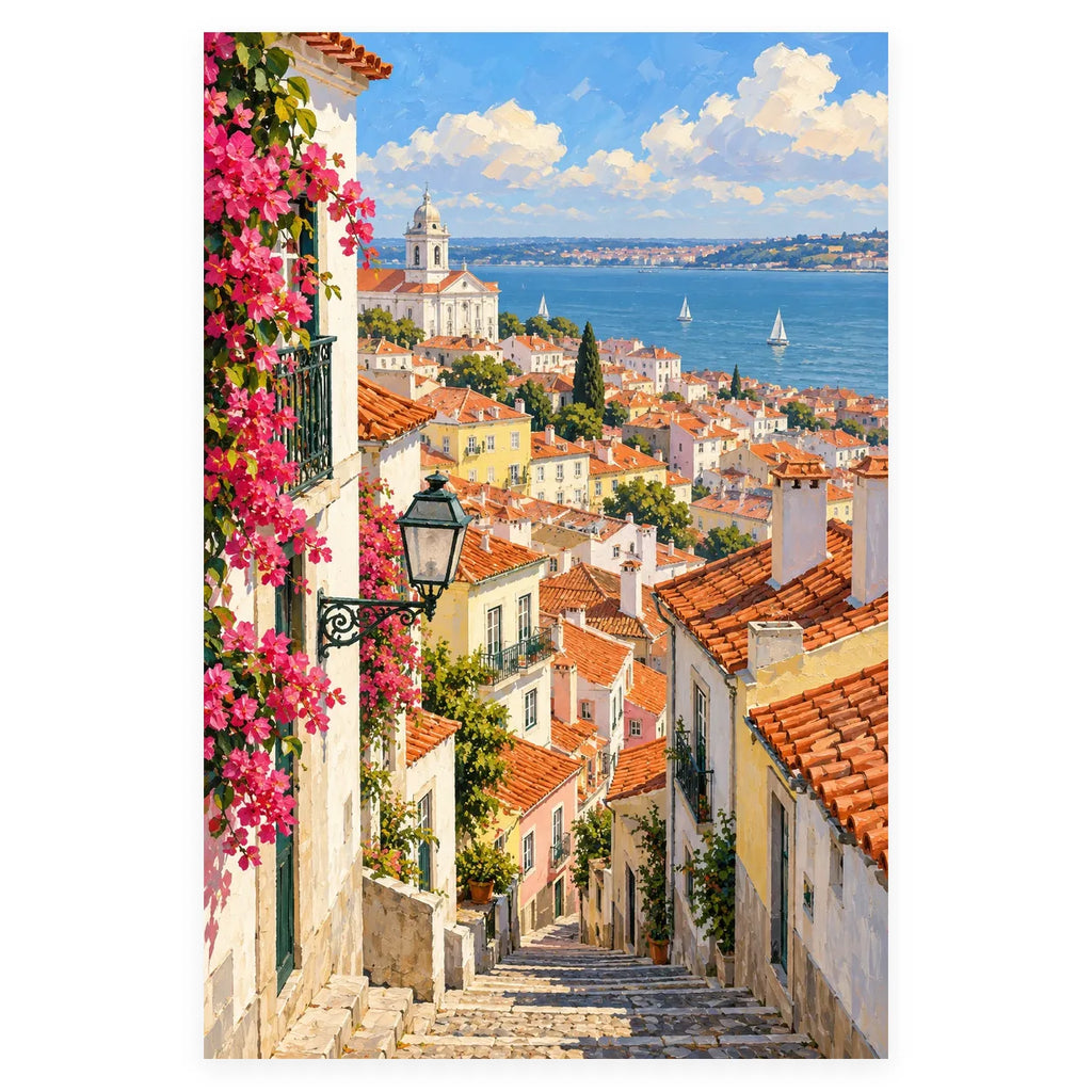 Lisbon Rooftop River View completed artwork on a clean white background