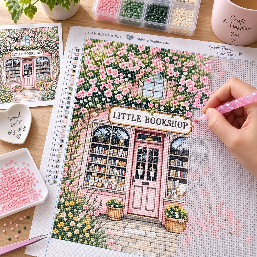 Hand placing resin drills on the little bookshop canvas, diamond painting kit