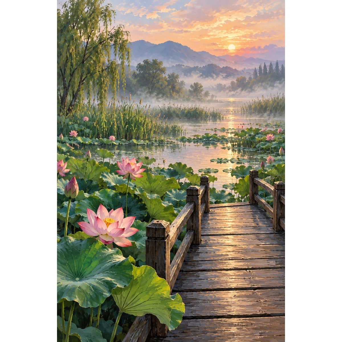 Completed Lotus Pond Morning Mist artwork with pink lotuses, reflective water, and a wooden footbridge on a clean white background