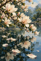 Completed Magnolia Petals on Pond artwork on a clean white background