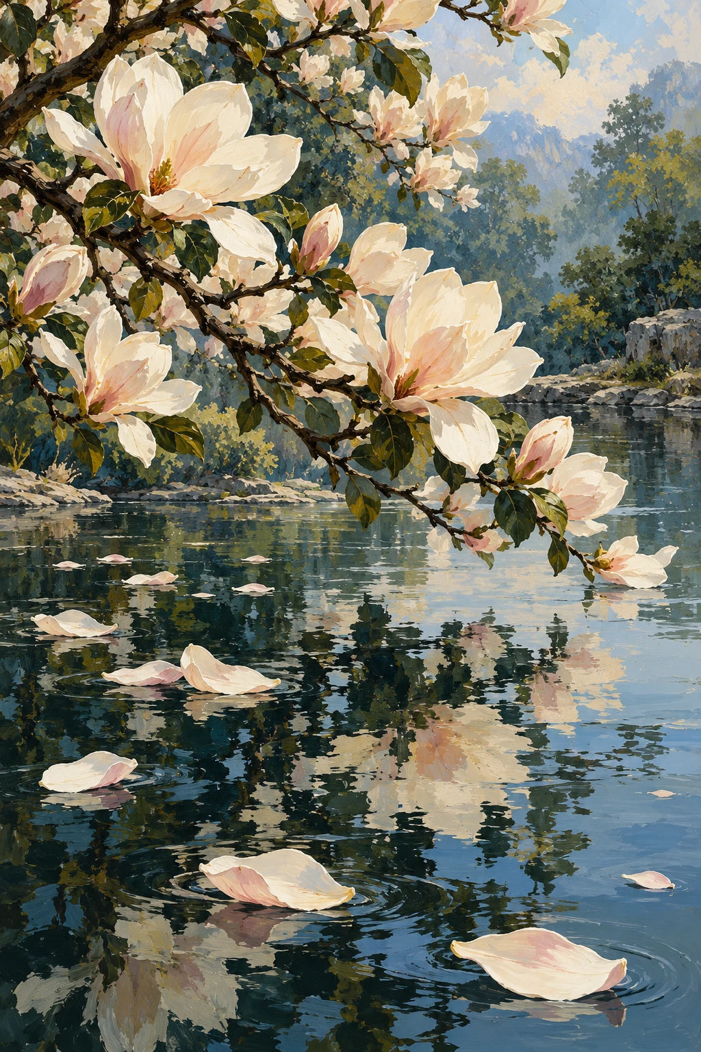 Completed Magnolia Petals on Pond artwork on a clean white background