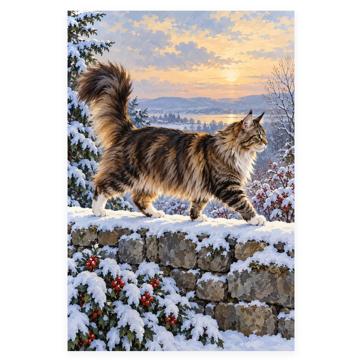 Maine Coon by a Snowy Stone Wall completed artwork on a clean white background