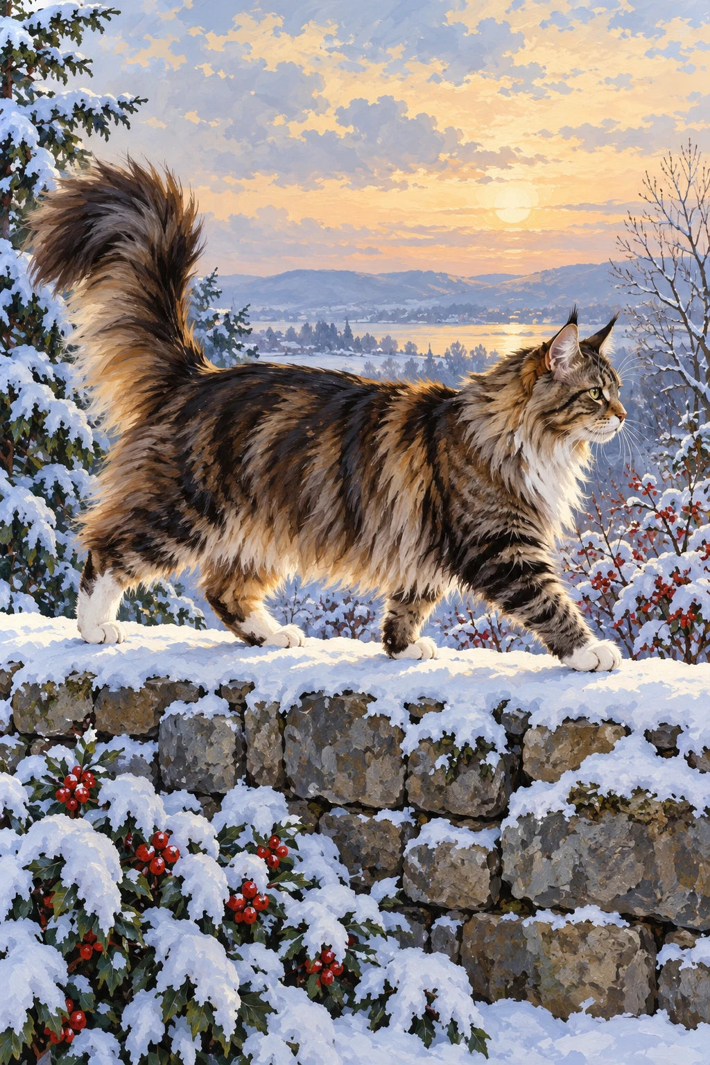 Original Maine Coon by a Snowy Stone Wall artwork for the paint by numbers kit