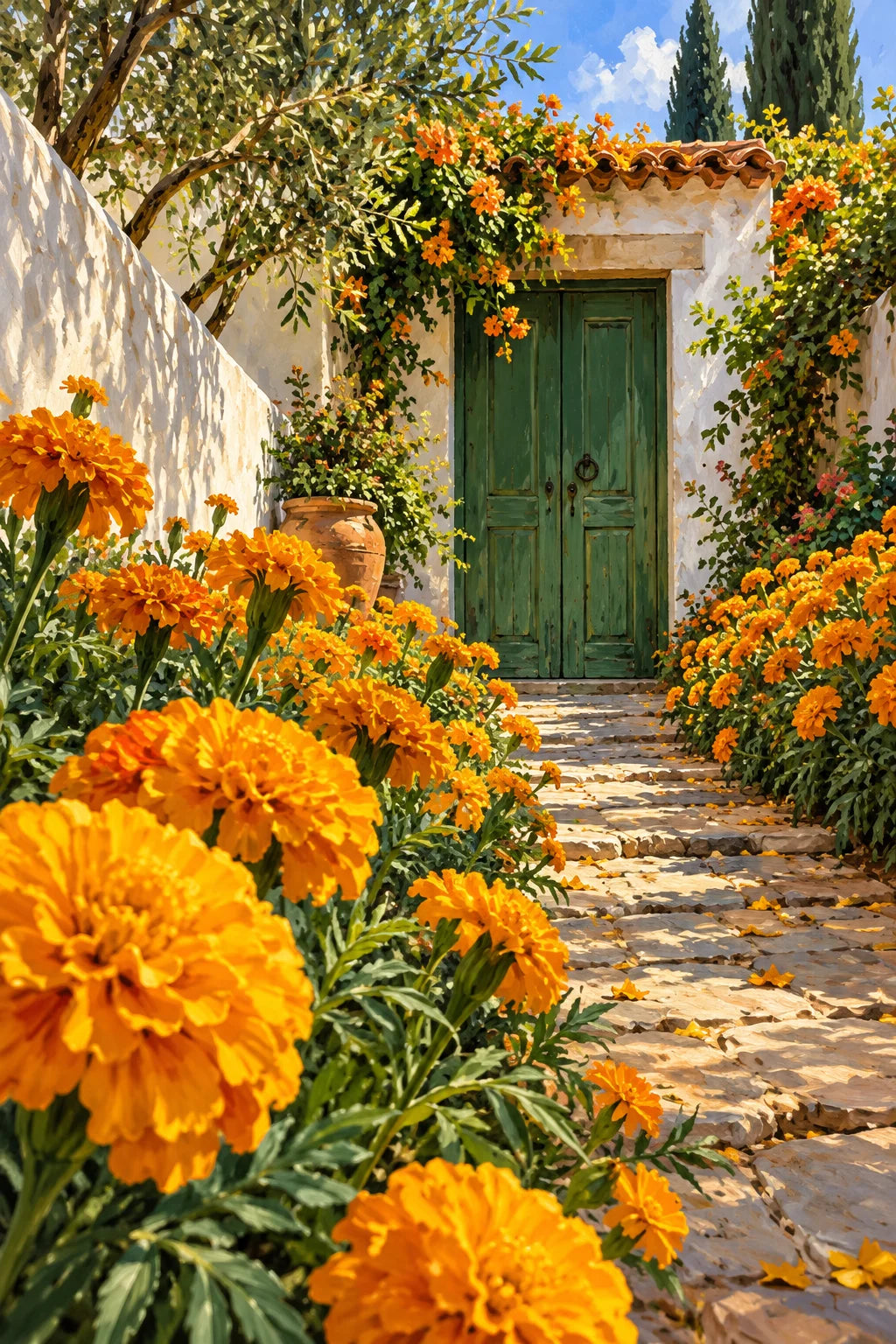 Original portrait artwork for the Marigold Courtyard Gate paint by numbers design.