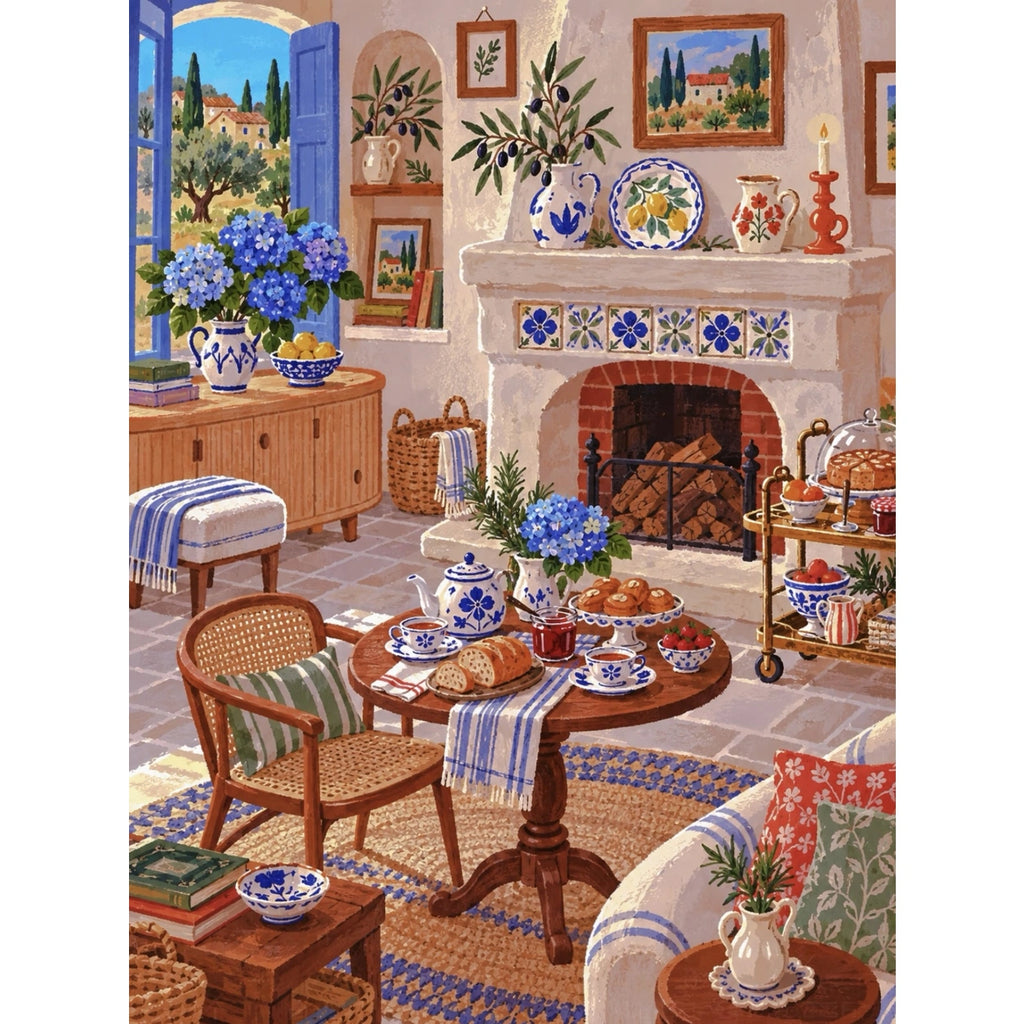 Original Mediterranean Blue Tile Fireplace Tea Room paint by numbers artwork