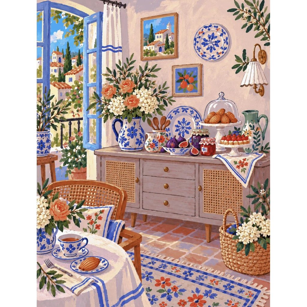 Original Mediterranean Blue Window Breakfast Room completed paint by numbers artwork.