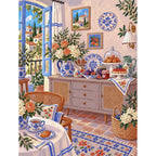Original Mediterranean Blue Window Breakfast Room completed paint by numbers artwork.