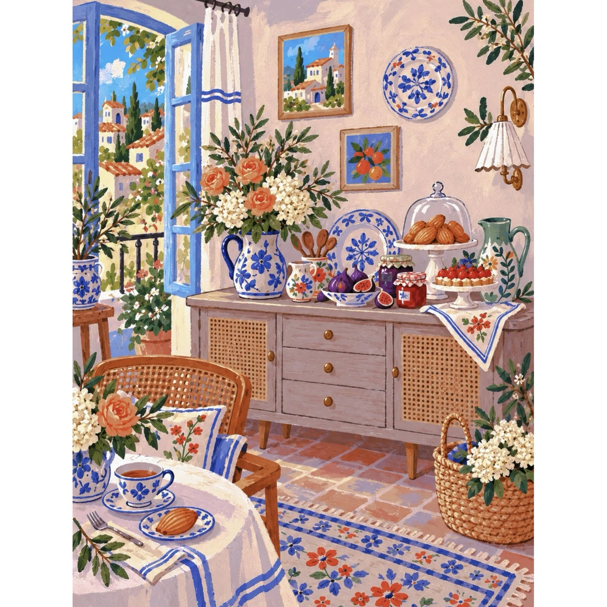 Original Mediterranean Blue Window Breakfast Room completed paint by numbers artwork.