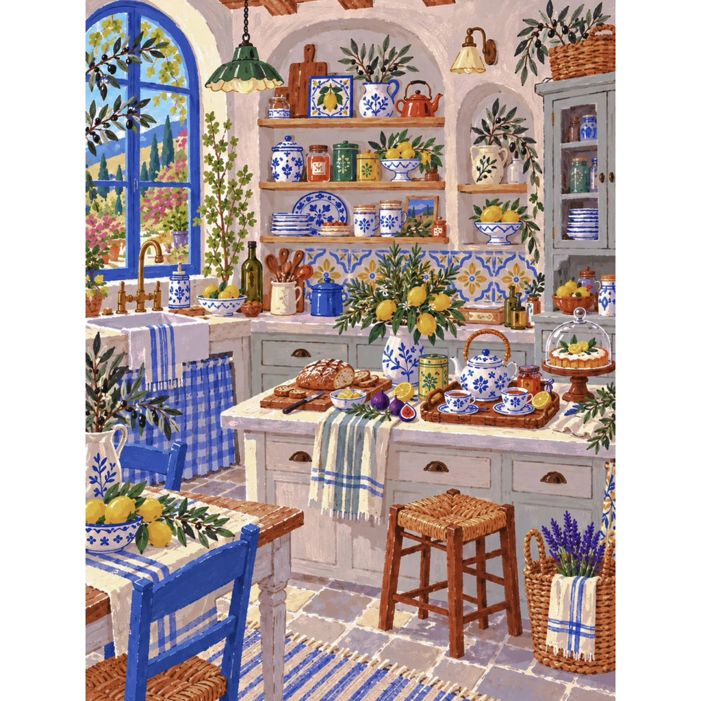 Original Mediterranean Lemon and Blue Porcelain Kitchen paint by numbers artwork